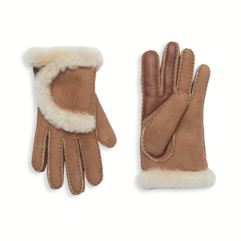 NEW UGG Size L Women's Shearling Lined, Suede & Leather Gloves - Chestnut